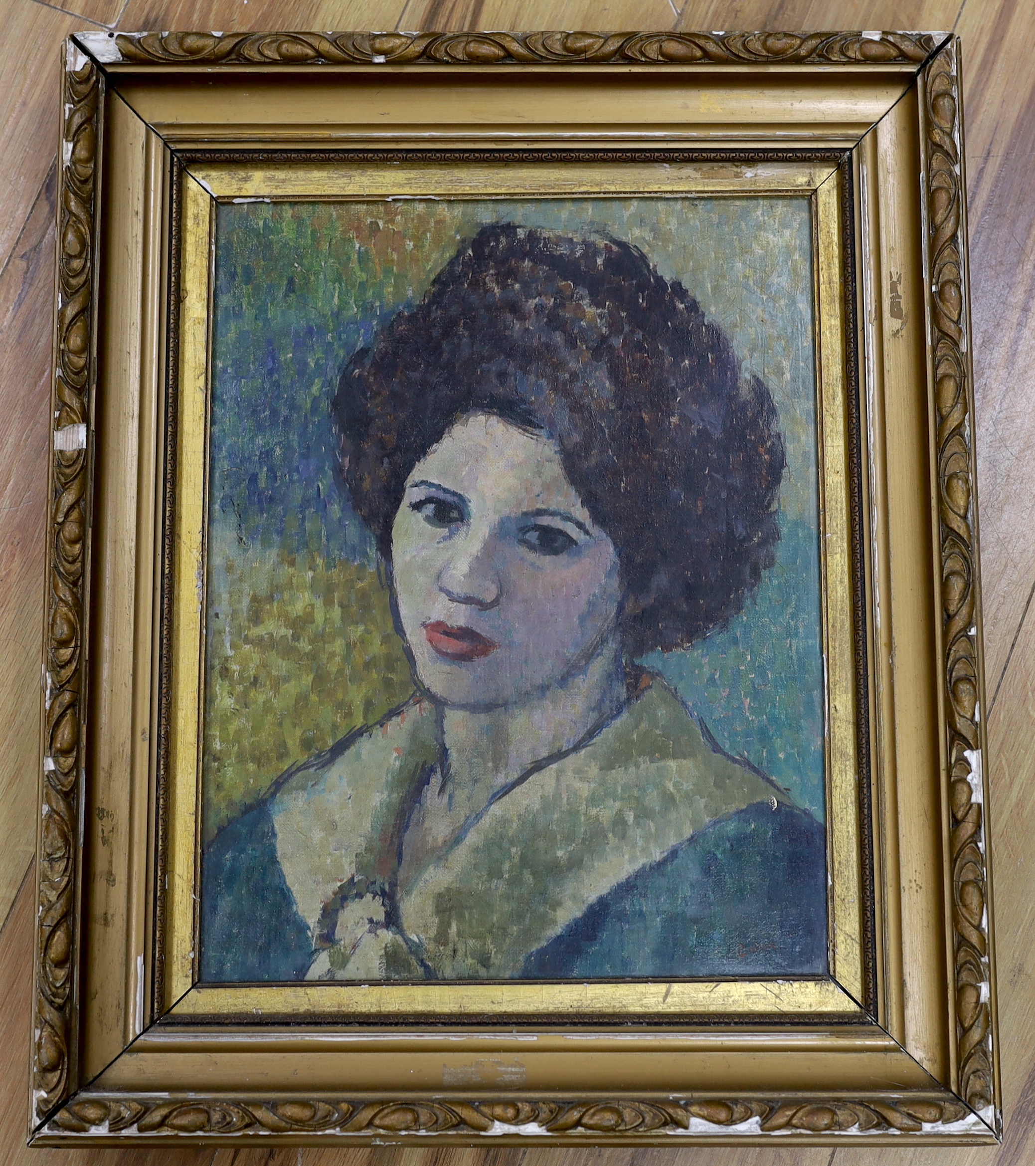 Impressionist oil on canvas board, Head and shoulders portrait of a lady, indistinctly signed, possibly Capan?, 45 x 35cm